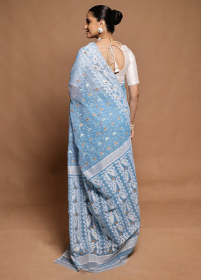 Blue Tant Jamdani Saree Without Blouse Piece
