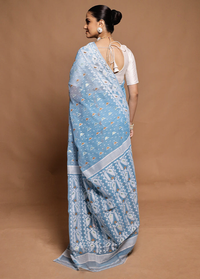 Blue Tant Jamdani Saree Without Blouse Piece