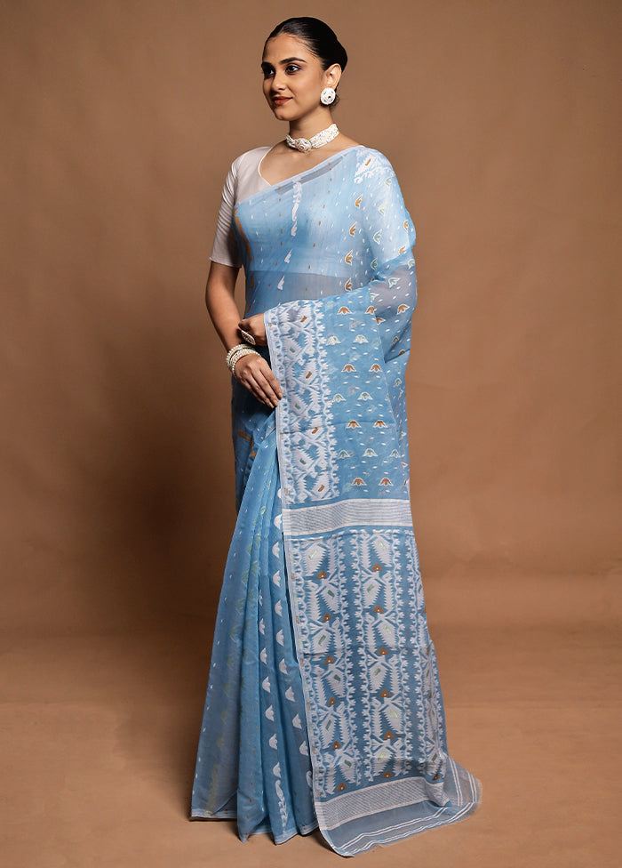 Blue Tant Jamdani Saree Without Blouse Piece