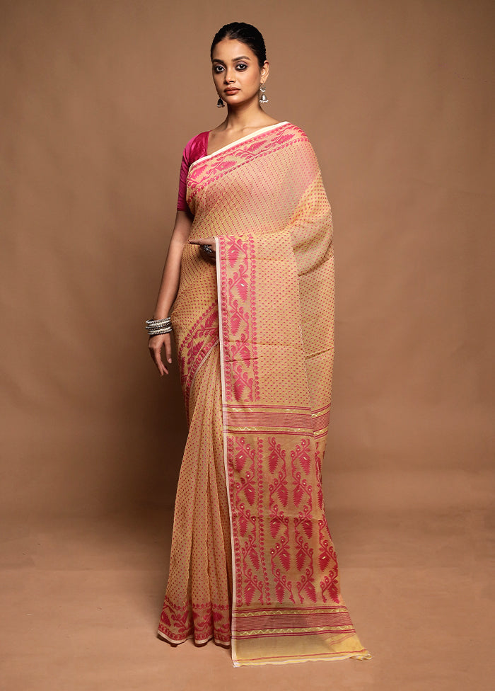 Cream Tant Jamdani Saree Without Blouse Piece