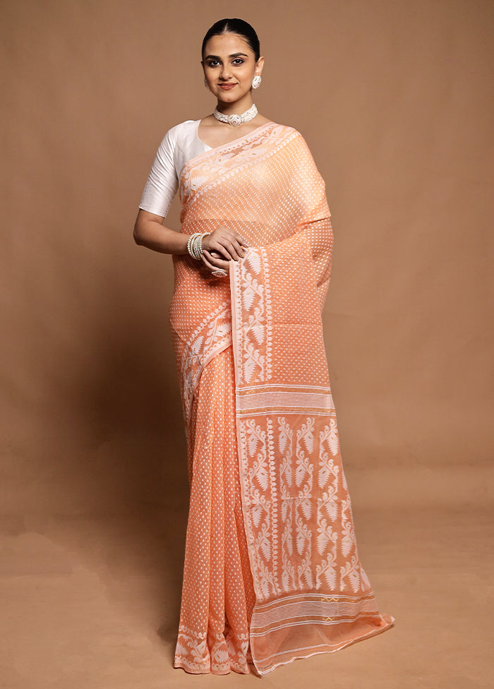 Peach Tant Jamdani Saree Without Blouse Piece