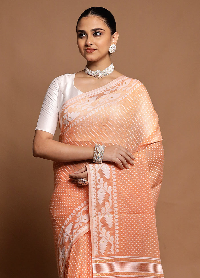 Peach Tant Jamdani Saree Without Blouse Piece