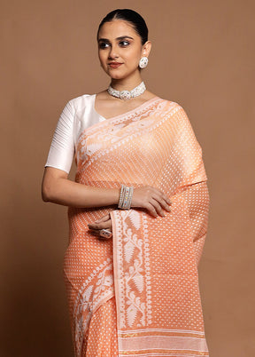 Peach Tant Jamdani Saree Without Blouse Piece