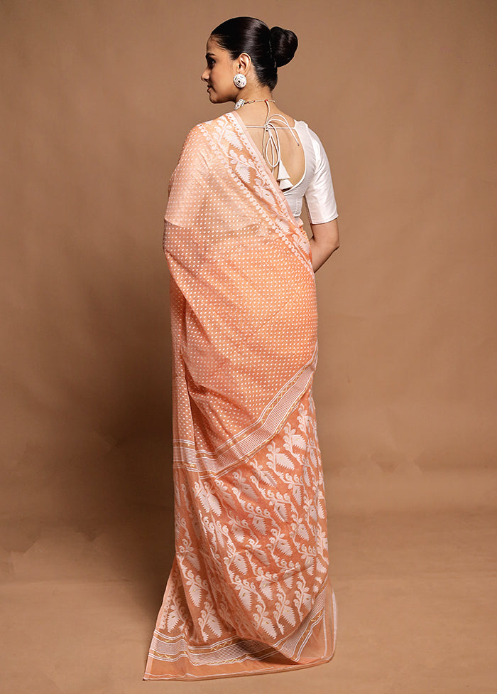 Peach Tant Jamdani Saree Without Blouse Piece