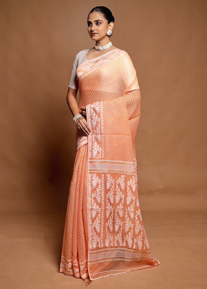 Peach Tant Jamdani Saree Without Blouse Piece
