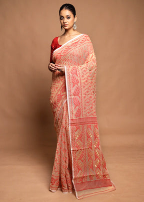 Peach Tant Jamdani Saree Without Blouse Piece