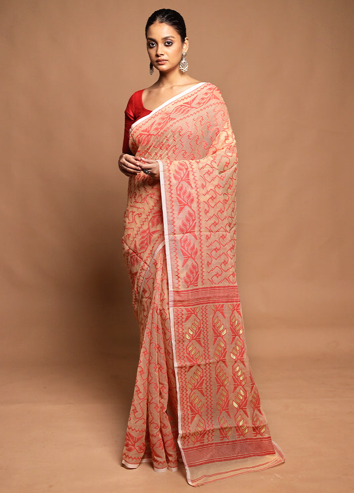 Peach Tant Jamdani Saree Without Blouse Piece