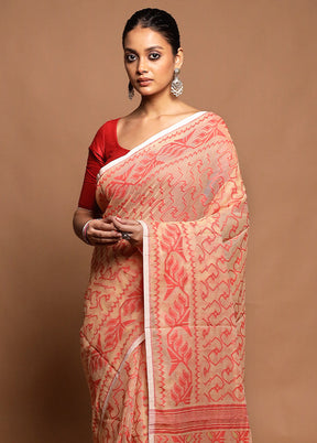 Peach Tant Jamdani Saree Without Blouse Piece