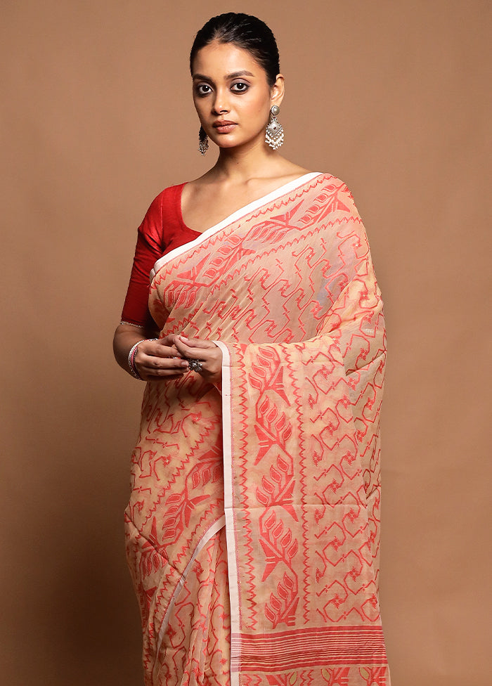 Peach Tant Jamdani Saree Without Blouse Piece