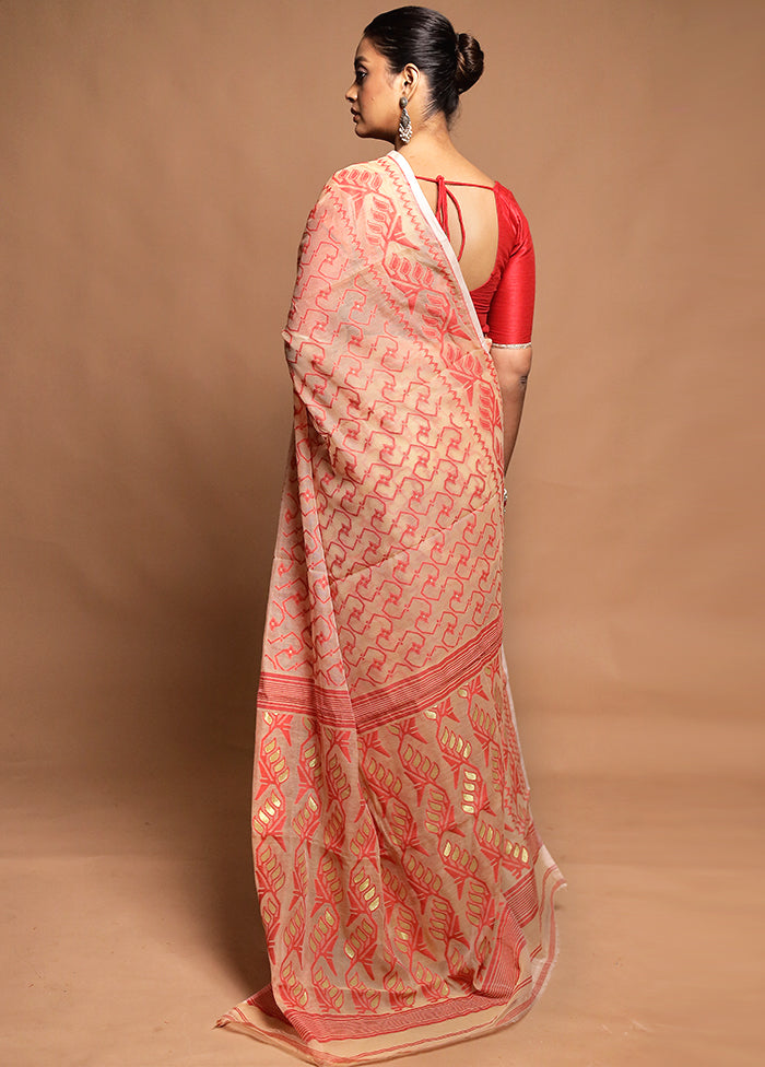 Peach Tant Jamdani Saree Without Blouse Piece