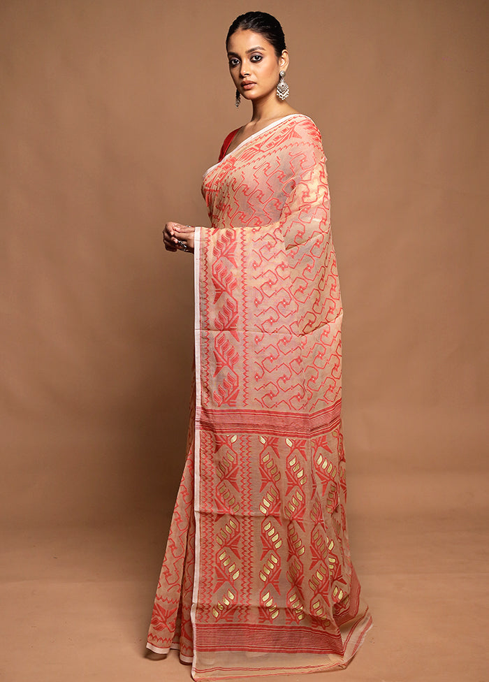 Peach Tant Jamdani Saree Without Blouse Piece
