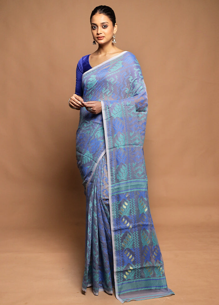 Blue Tant Jamdani Saree Without Blouse Piece