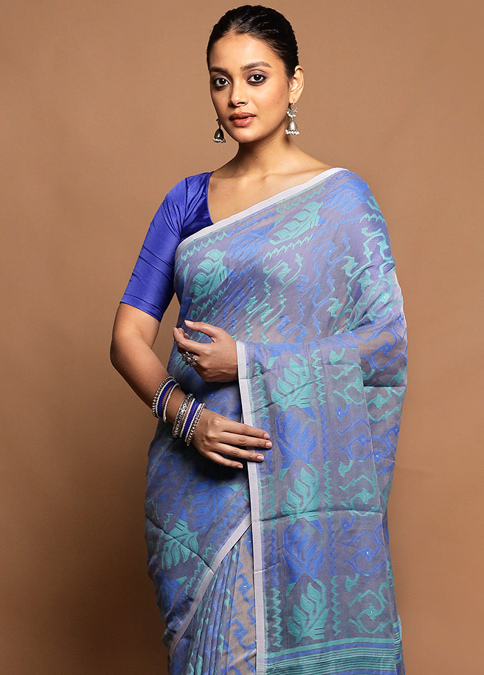 Blue Tant Jamdani Saree Without Blouse Piece