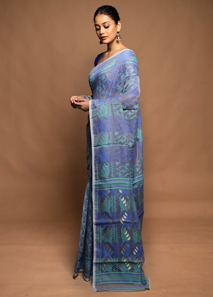 Blue Tant Jamdani Saree Without Blouse Piece