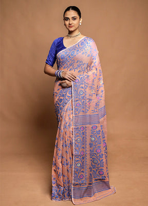 Peach Tant Jamdani Saree Without Blouse Piece