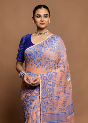 Peach Tant Jamdani Saree Without Blouse Piece