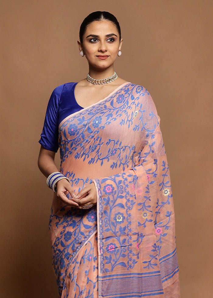 Peach Tant Jamdani Saree Without Blouse Piece