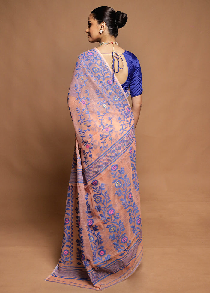 Peach Tant Jamdani Saree Without Blouse Piece