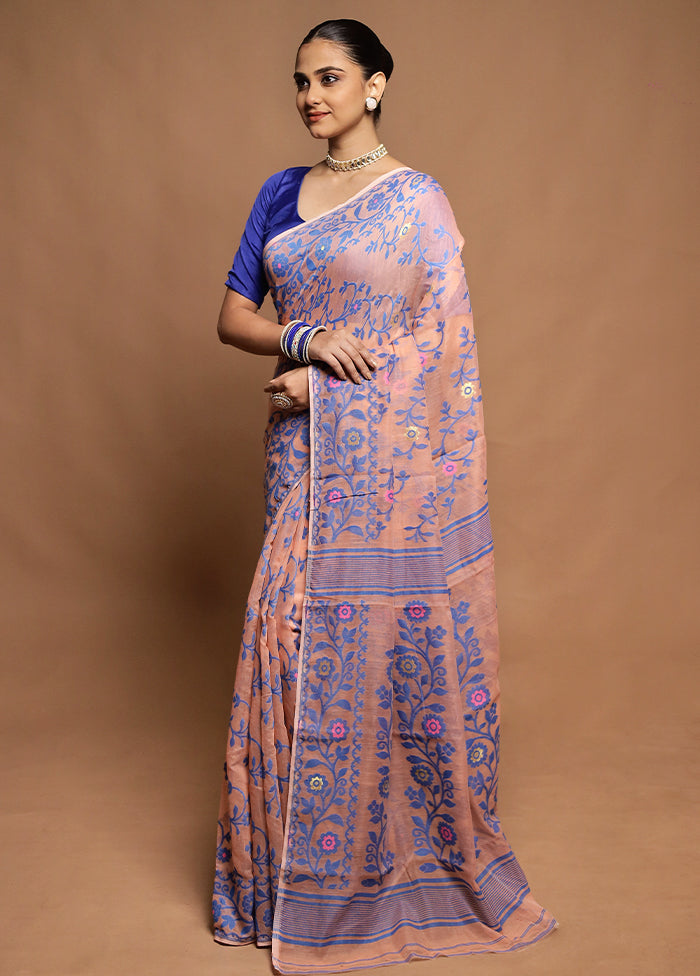 Peach Tant Jamdani Saree Without Blouse Piece