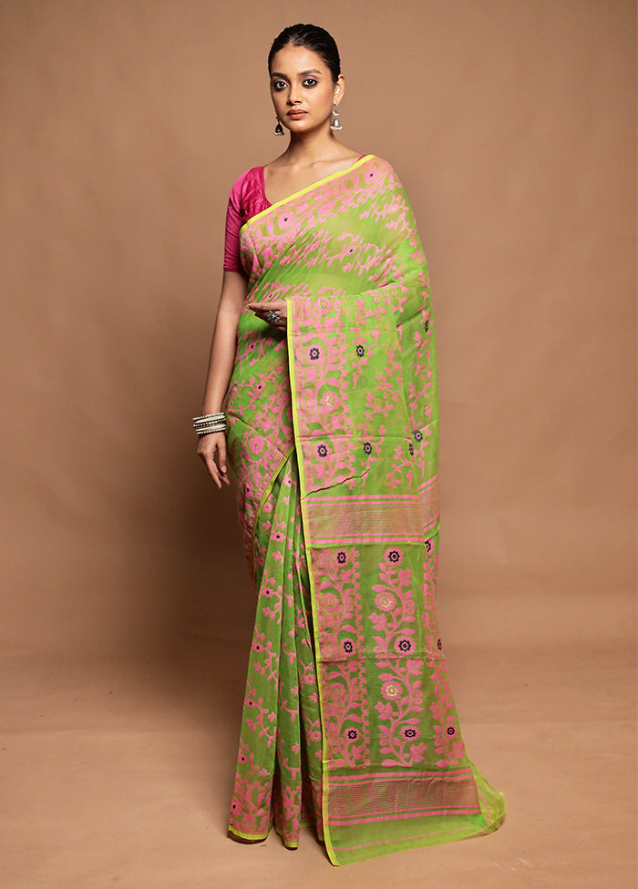 Green Tant Jamdani Saree Without Blouse Piece