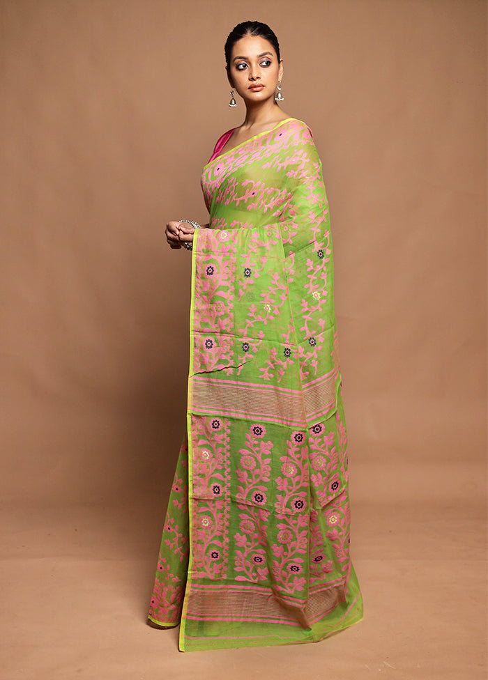 Green Tant Jamdani Saree Without Blouse Piece