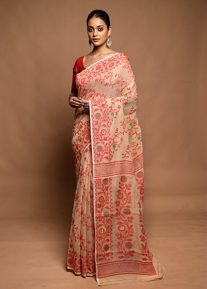 Cream Tant Jamdani Saree Without Blouse Piece