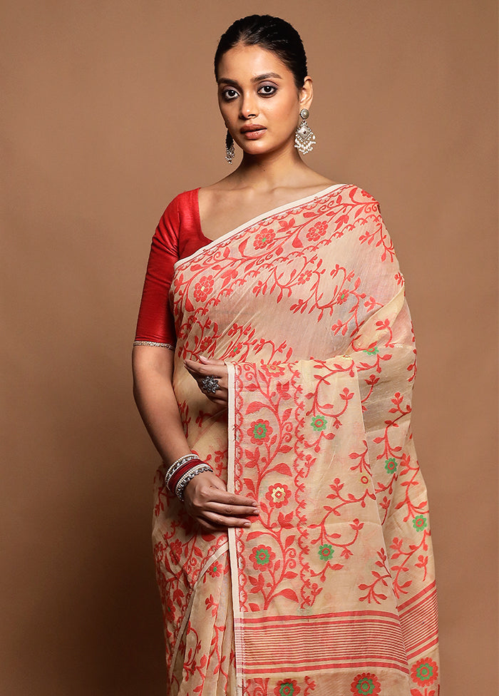 Cream Tant Jamdani Saree Without Blouse Piece
