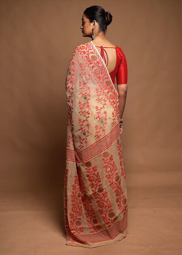 Cream Tant Jamdani Saree Without Blouse Piece