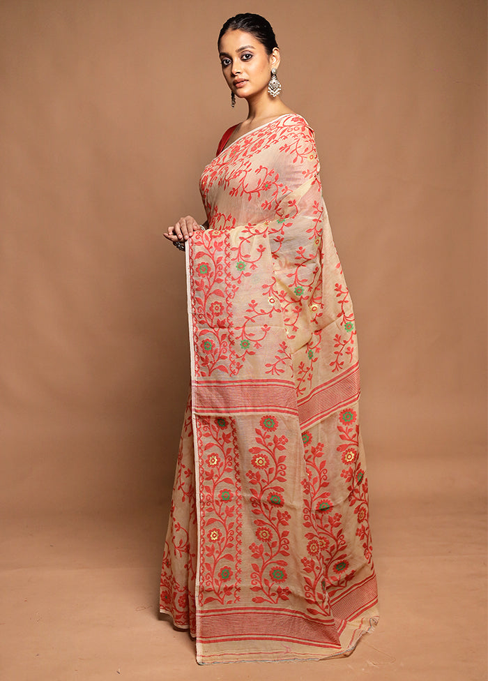Cream Tant Jamdani Saree Without Blouse Piece