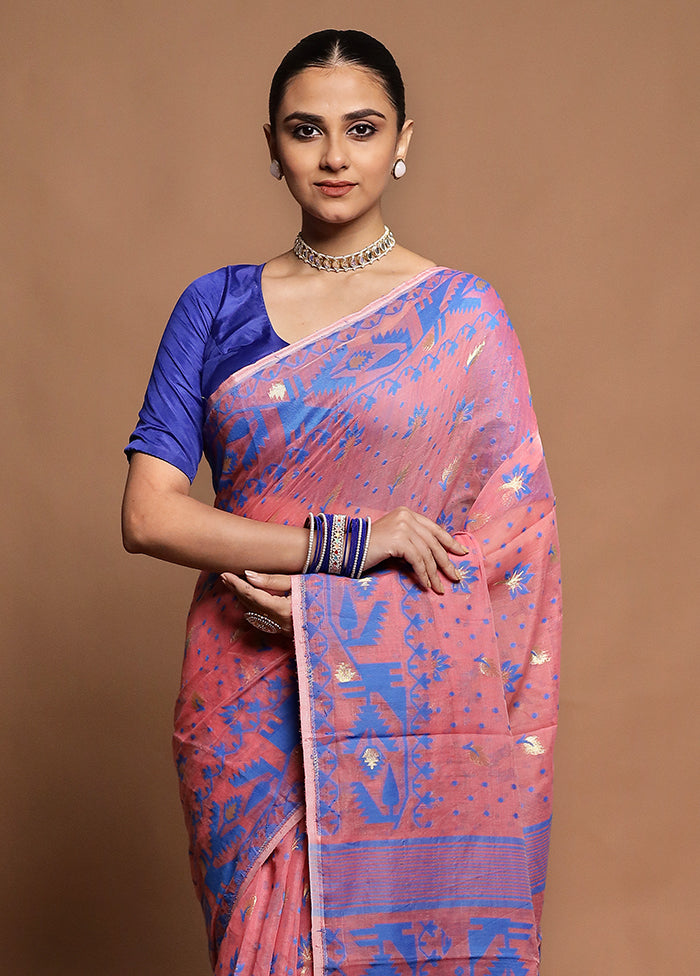 Pink Tant Jamdani Saree Without Blouse Piece