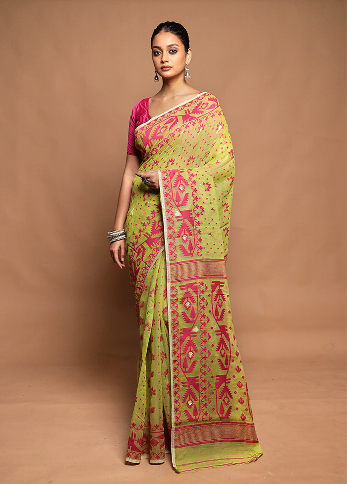 Green Tant Jamdani Saree Without Blouse Piece