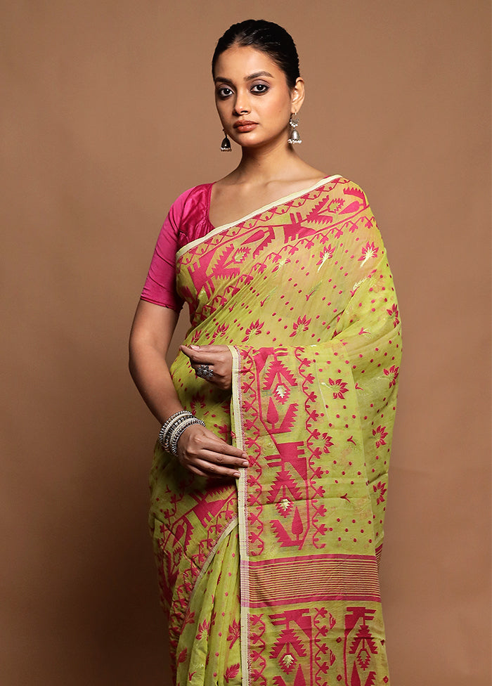 Green Tant Jamdani Saree Without Blouse Piece