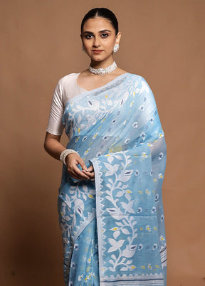 Blue Tant Jamdani Saree Without Blouse Piece
