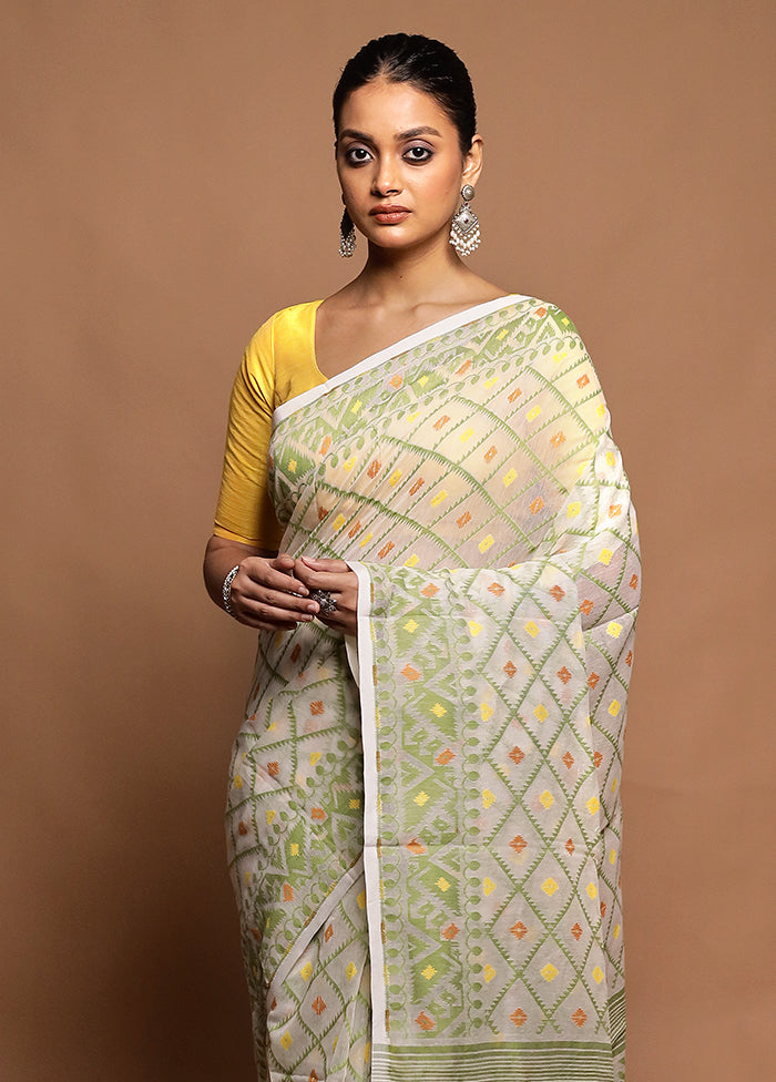 White Tant Jamdani Saree Without Blouse Piece