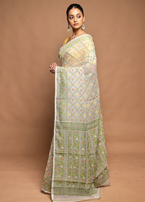 White Tant Jamdani Saree Without Blouse Piece