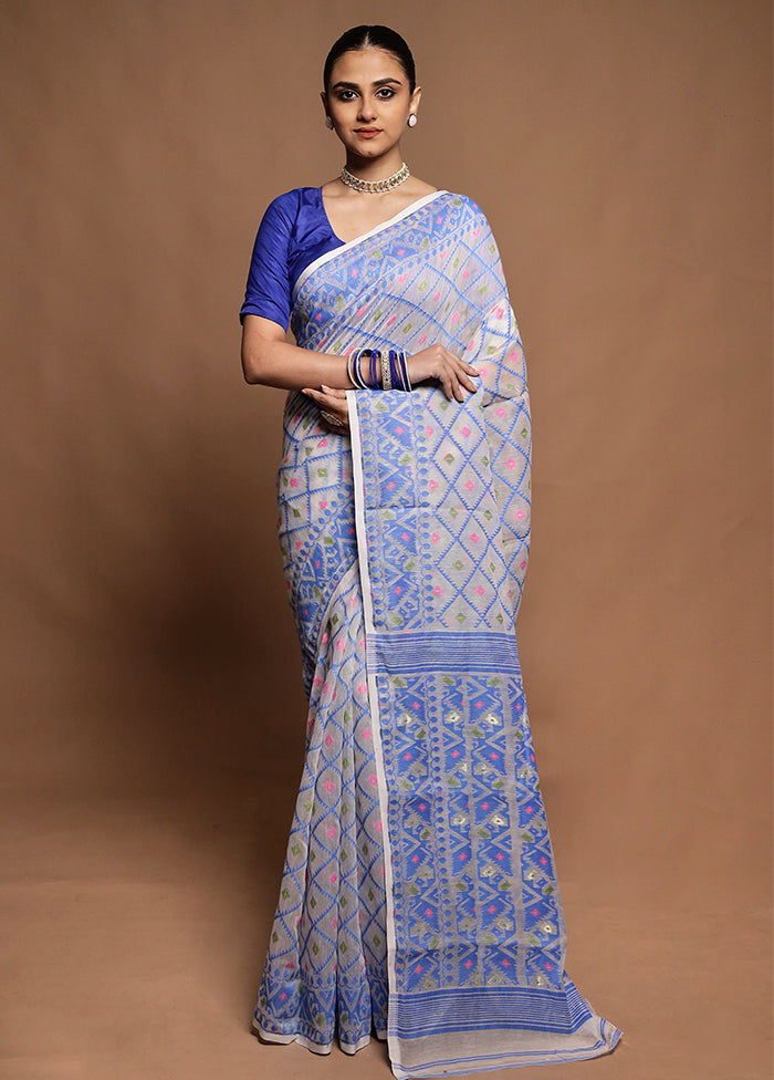 White Tant Jamdani Saree Without Blouse Piece