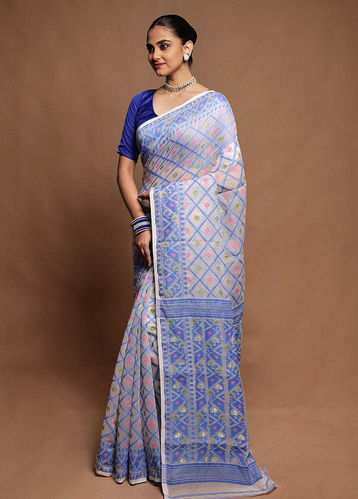 White Tant Jamdani Saree Without Blouse Piece