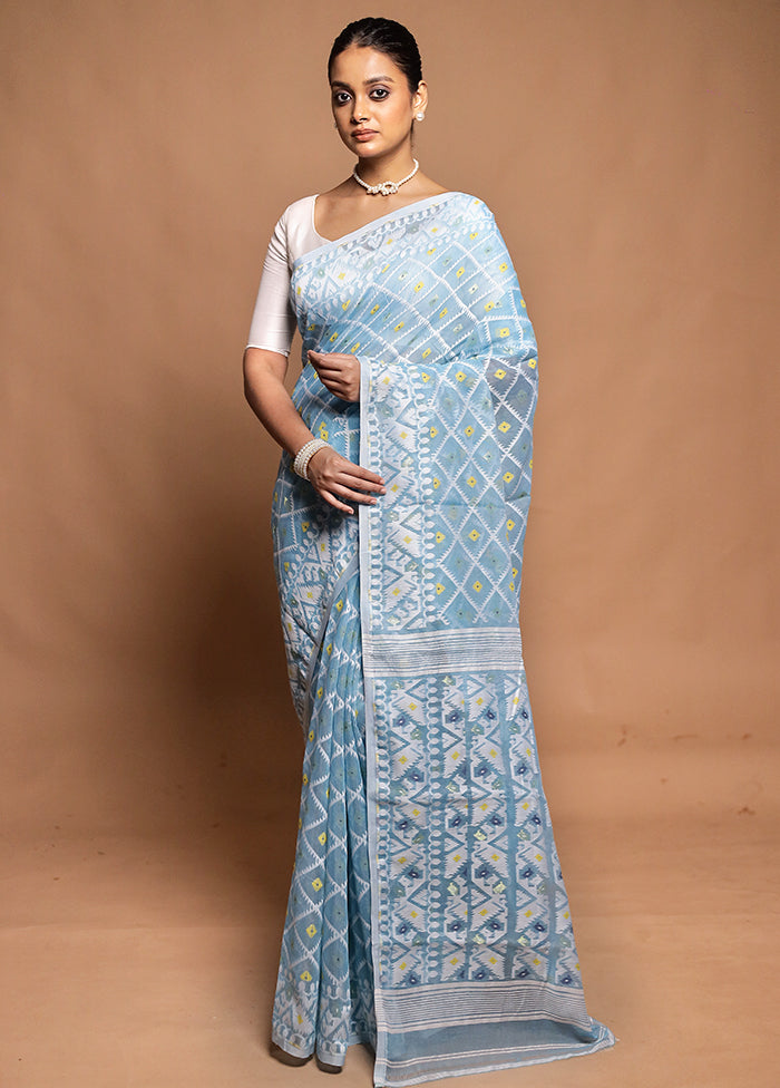 Blue Tant Jamdani Saree Without Blouse Piece