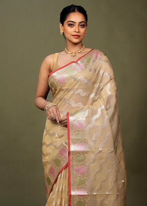 Cream Kora Silk Saree With Blouse Piece
