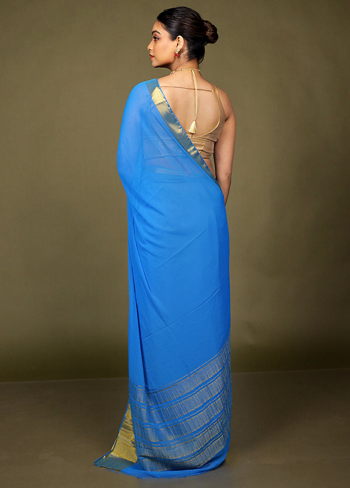 Blue Chiffon Silk Saree With Blouse Piece