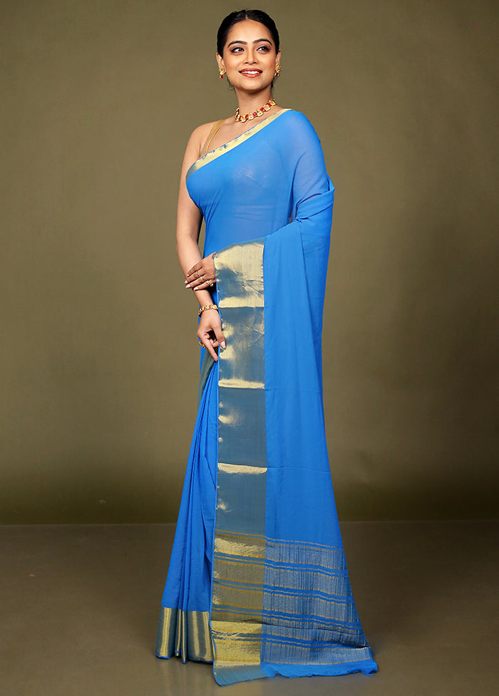 Blue Chiffon Silk Saree With Blouse Piece