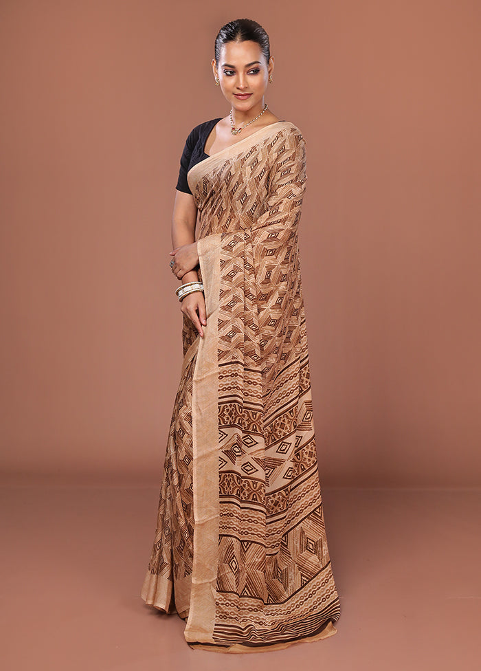 Cream Chiffon Silk Saree With Blouse Piece