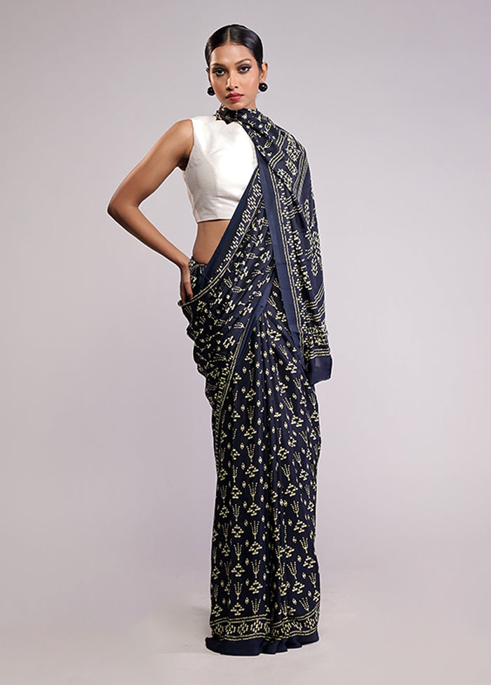 Blue Printed Silk Saree With Blouse Piece