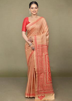 Cream Handloom Kantha Stitch Pure Silk Saree With Blouse Piece