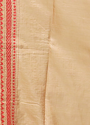 Cream Handloom Kantha Stitch Pure Silk Saree With Blouse Piece