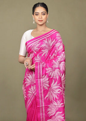 Pink Handloom Kantha Stitch Pure Silk Saree With Blouse Piece