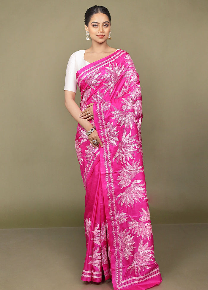 Pink Handloom Kantha Stitch Pure Silk Saree With Blouse Piece