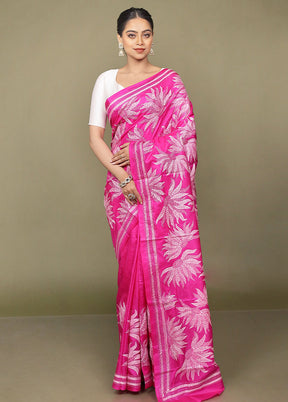 Pink Handloom Kantha Stitch Pure Silk Saree With Blouse Piece