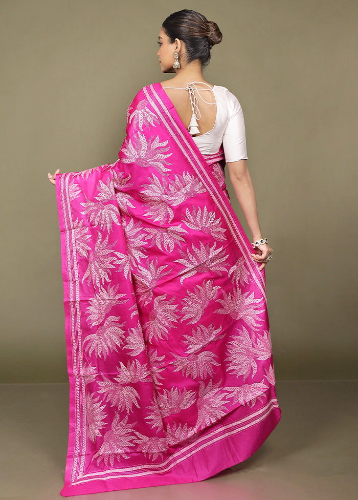 Pink Handloom Kantha Stitch Pure Silk Saree With Blouse Piece