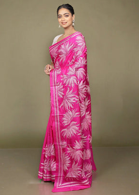 Pink Handloom Kantha Stitch Pure Silk Saree With Blouse Piece